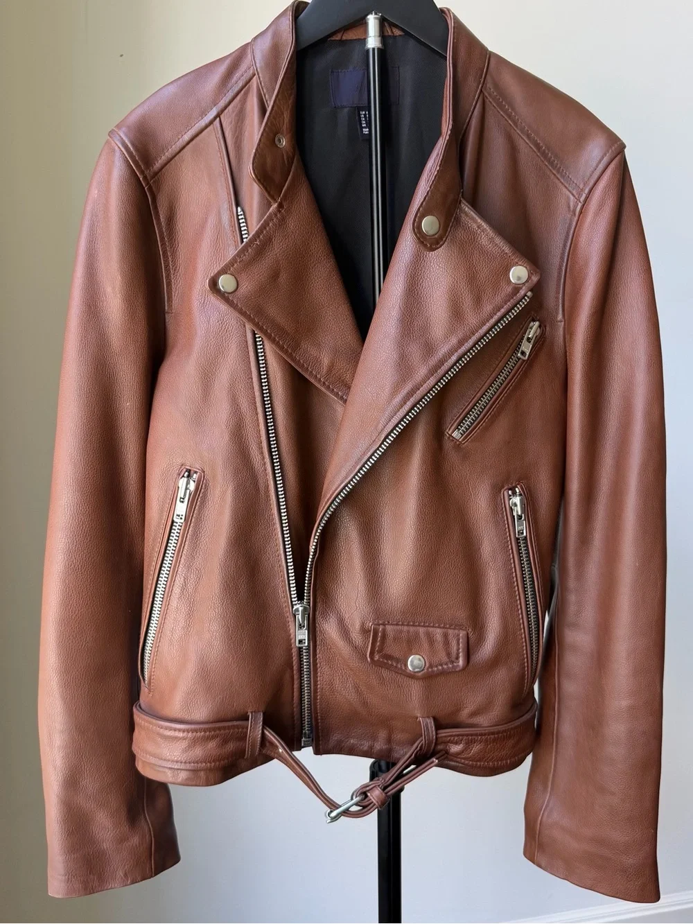 H&M Chestnut Brown Leather Moto Jacket with Silver Hardware